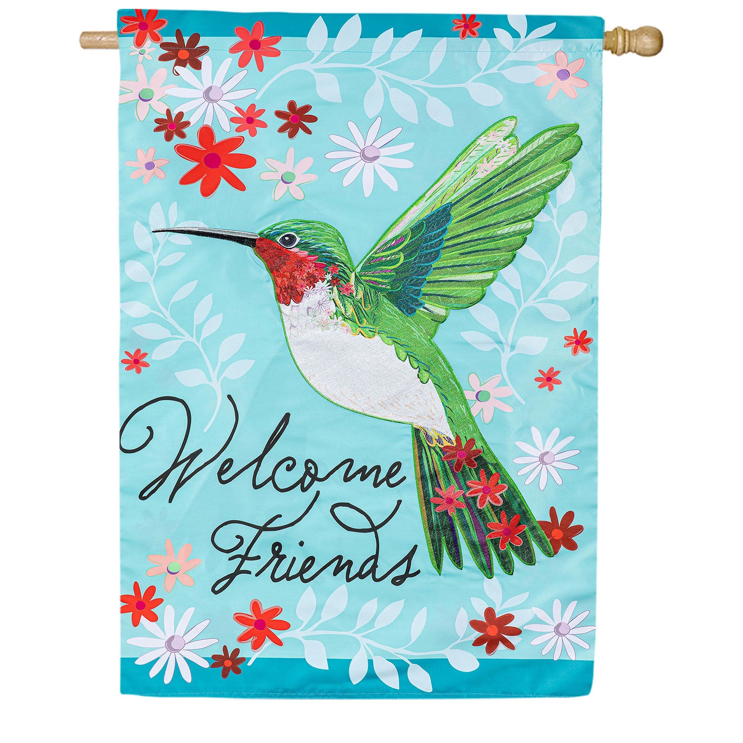 Evergreen Hummingbird Welcome Friends Applique House Flag