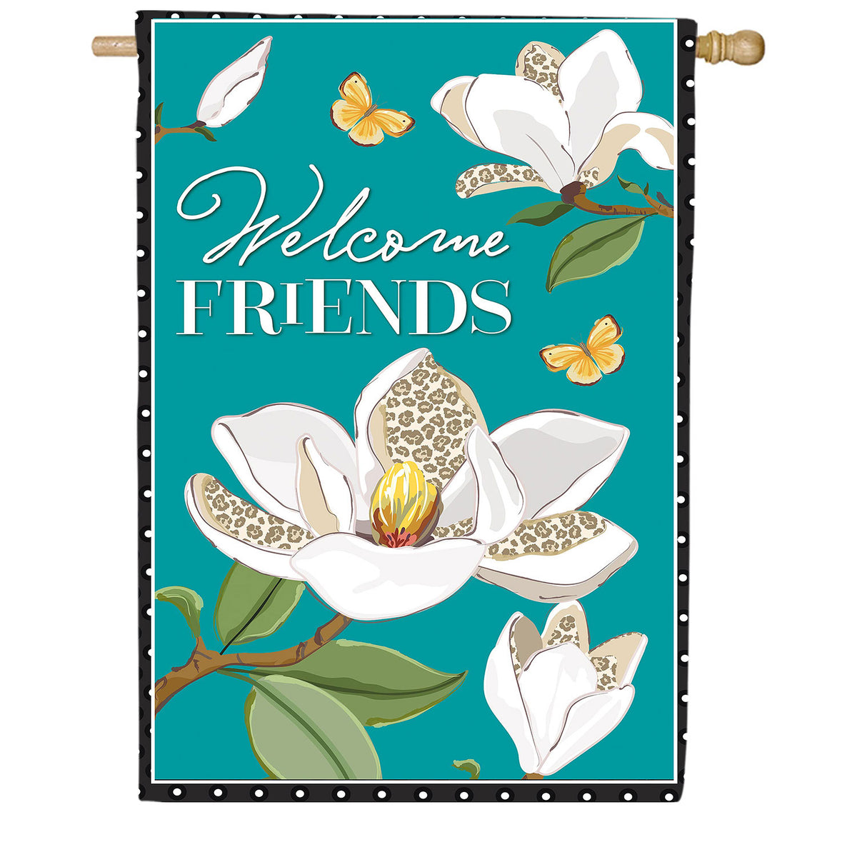 Evergreen Leopard Magnolia Welcome Friends Applique House Flag
