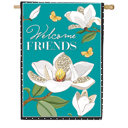Evergreen Leopard Magnolia Welcome Friends Applique House Flag