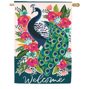 Evergreen Floral Peacock Welcome Applique House Flag
