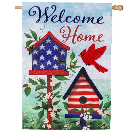Evergreen Applique House Flag - Patriotic Bird House Welcome