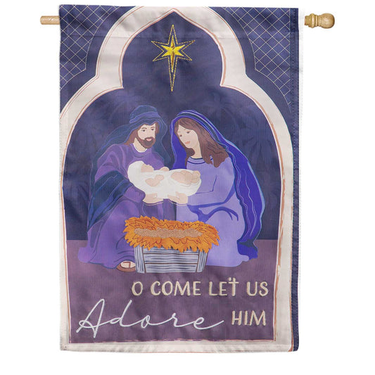 Evergreen Come Let Us Adore Him Appliqued House Flag