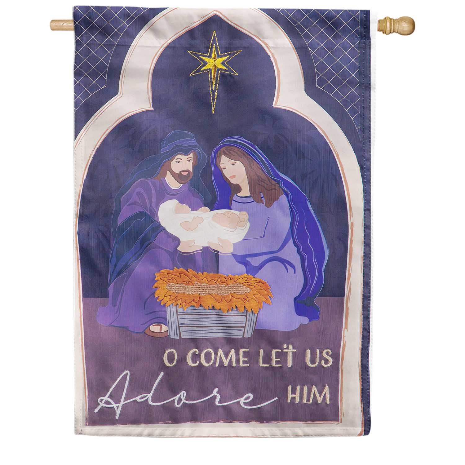 Evergreen Come Let Us Adore Him Appliqued House Flag