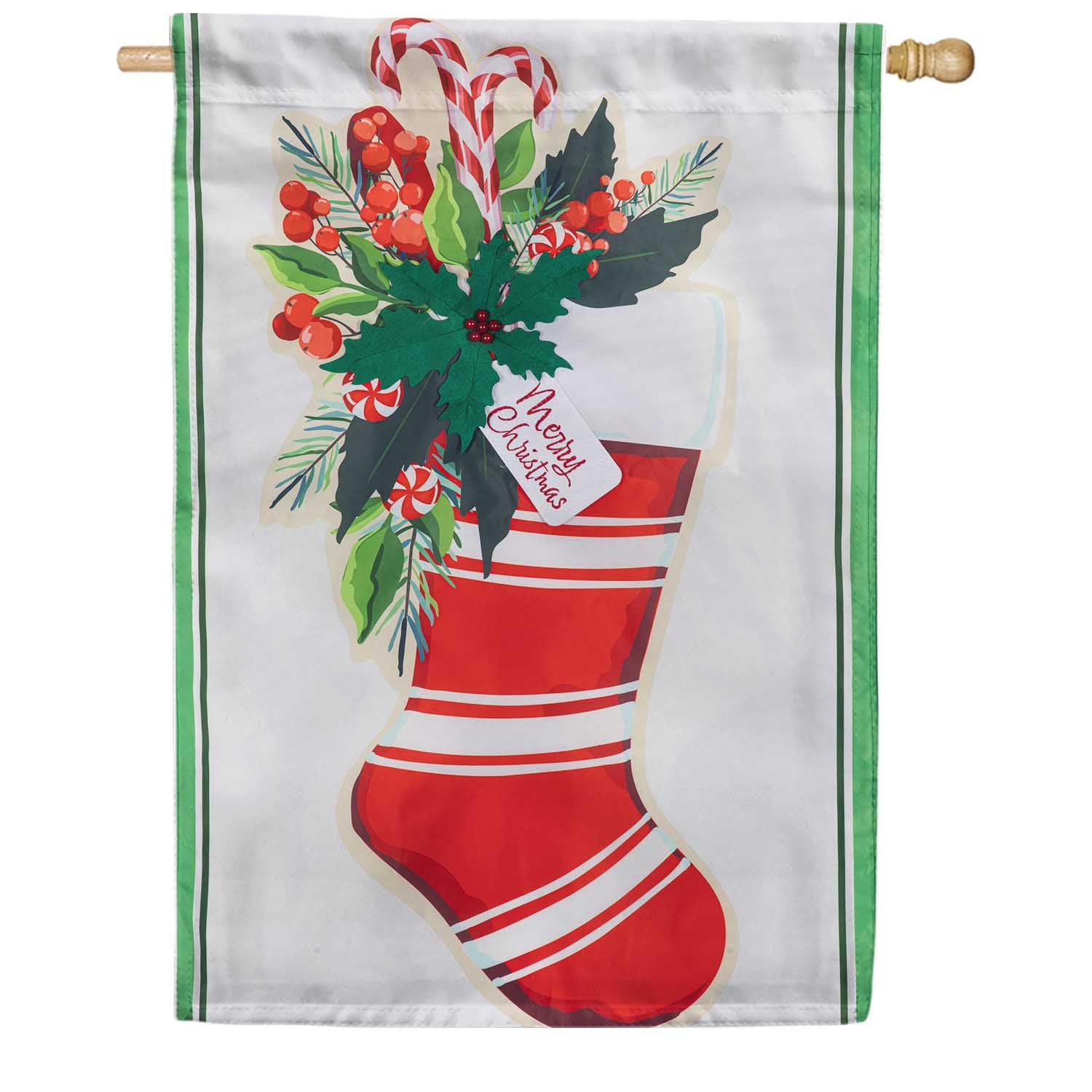 Evergreen Merry Christmas Stocking Appliqued House Flag