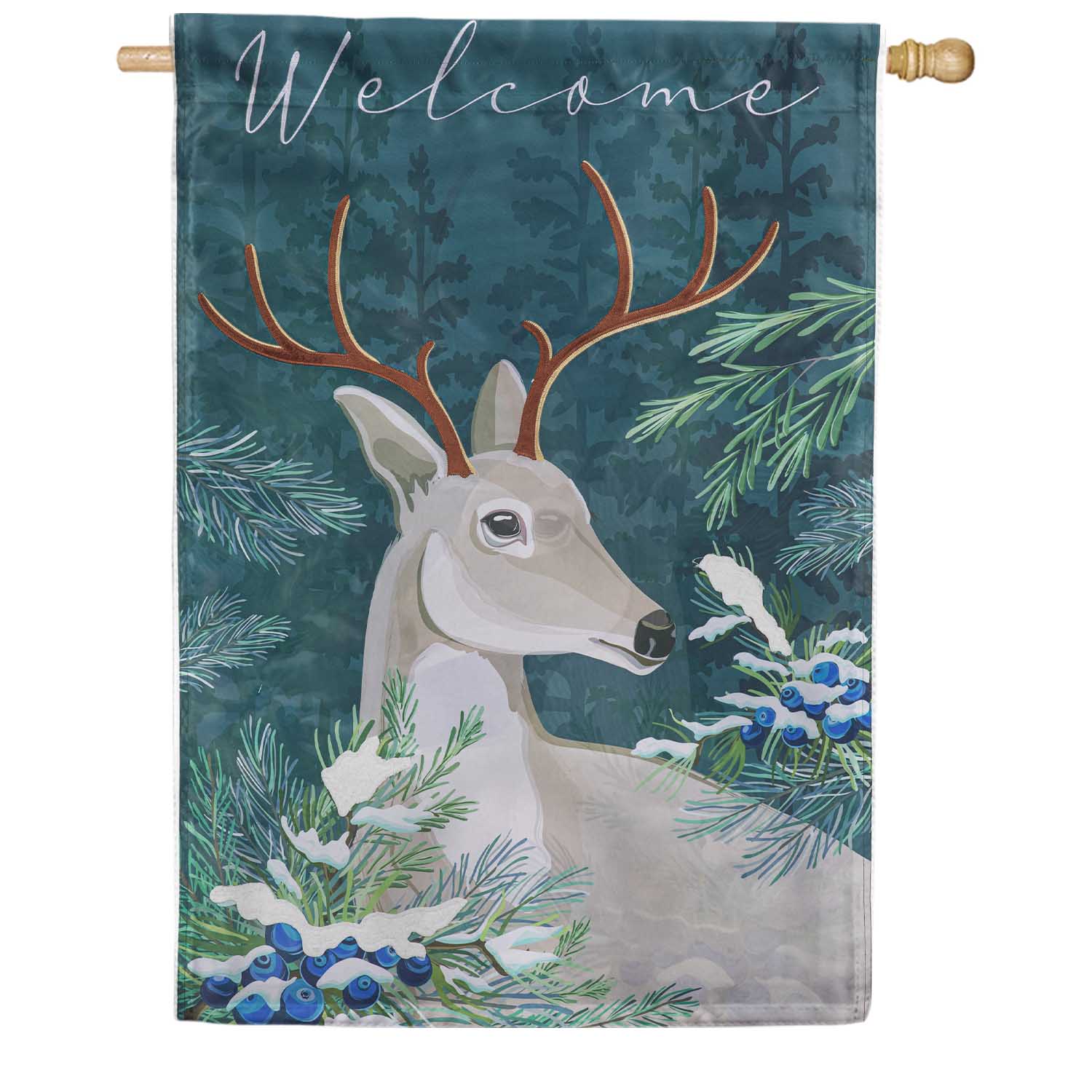 Evergreen Woodland Deer Welcome Appliqued House Flag