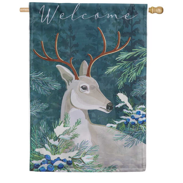 Evergreen Woodland Deer Welcome Appliqued House Flag