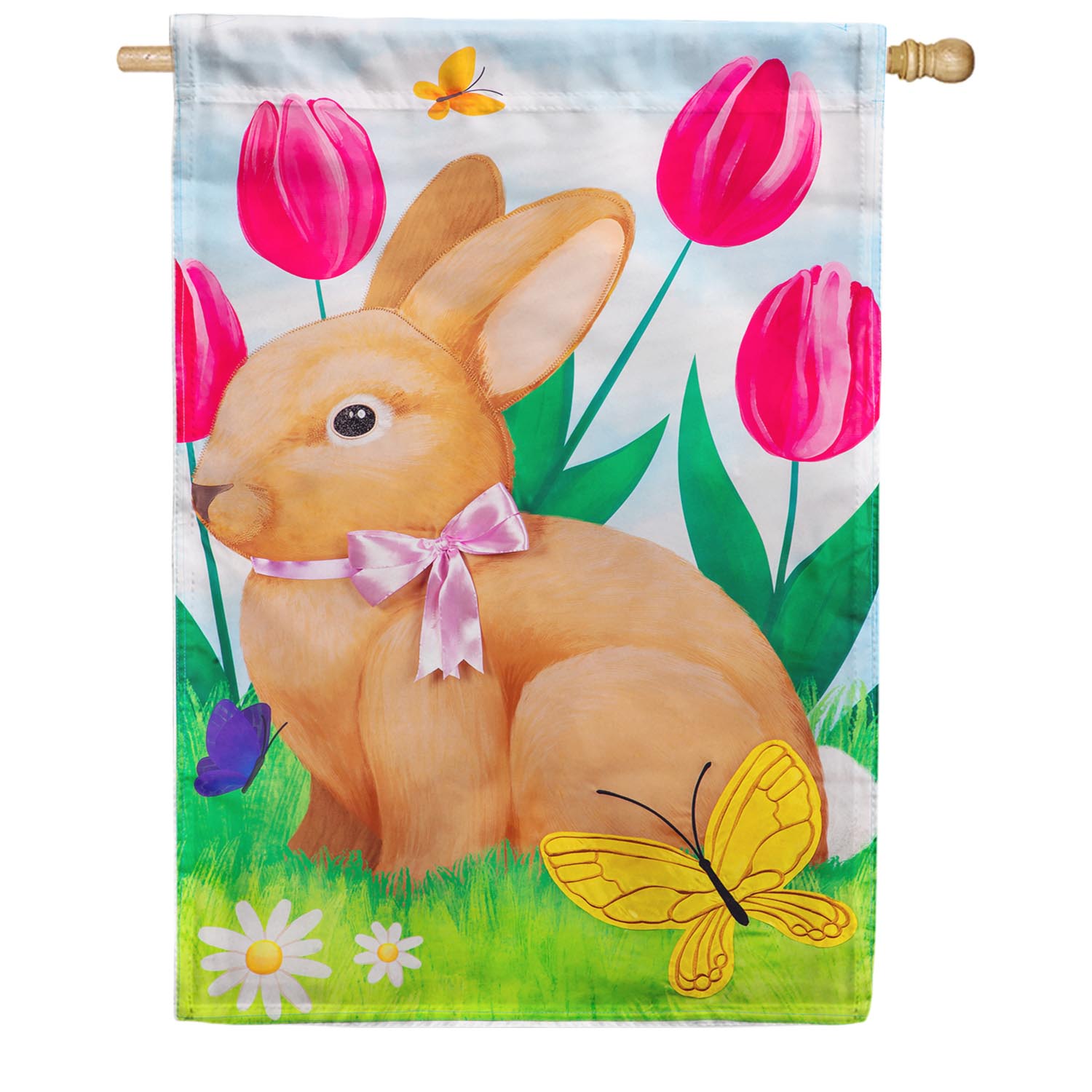 Evergreen Tulips and Bunny Friend Appliqued House Flag