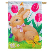 Evergreen Tulips and Bunny Friend Appliqued House Flag
