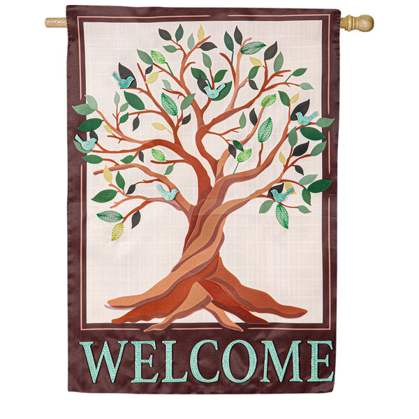 Evergreen Tree of Life Welcome Applique House Flag