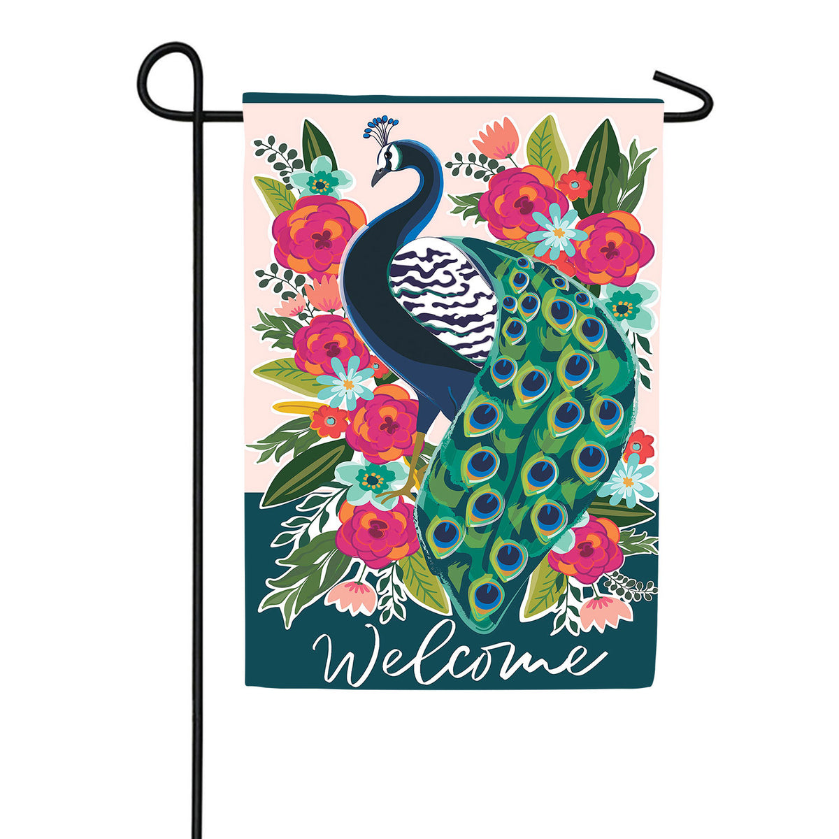 Evergreen Floral Peacock Welcome Applique Garden Flag