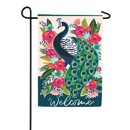 Evergreen Floral Peacock Welcome Applique Garden Flag