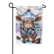 Evergreen Winter Highland Cow Applique Garden Flag