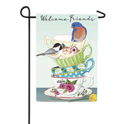 Evergreen Songbirds and Teacups Applique Garden Flag