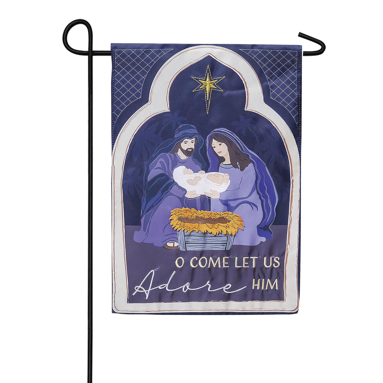 Evergreen Come Let Us Adore Him Appliqued Garden Flag