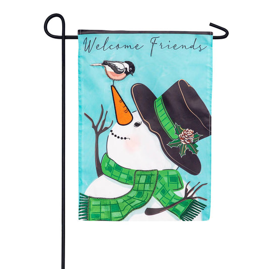 Evergreen Snowman and Chickadee Applique Garden Flag