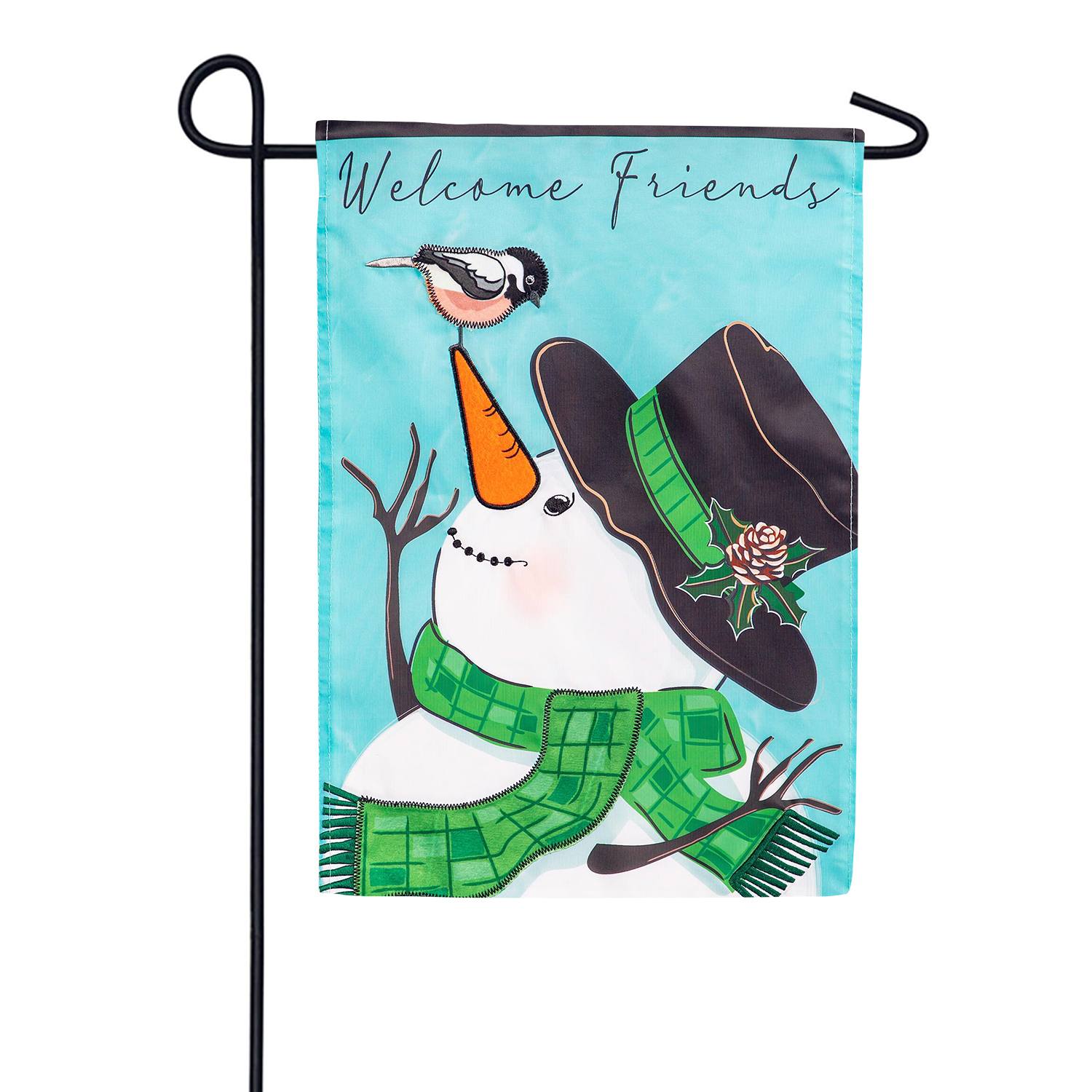 Evergreen Snowman and Chickadee Applique Garden Flag