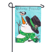 Evergreen Snowman and Chickadee Applique Garden Flag