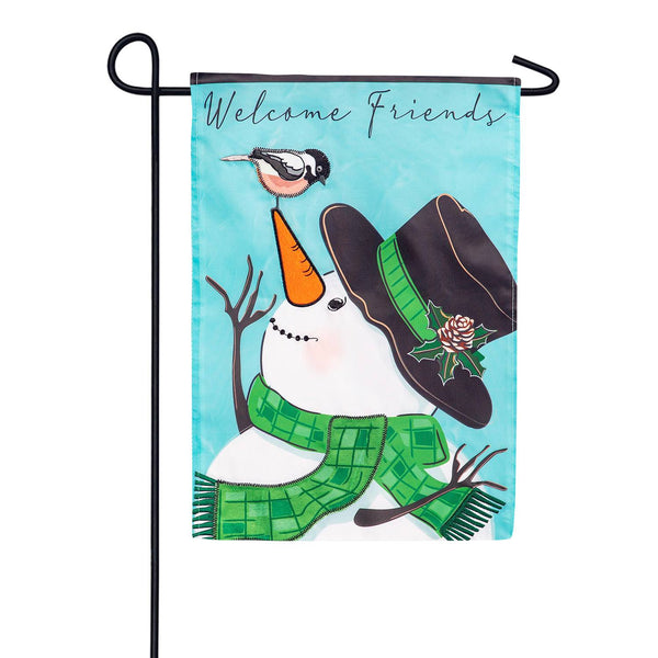 Evergreen Snowman and Chickadee Applique Garden Flag