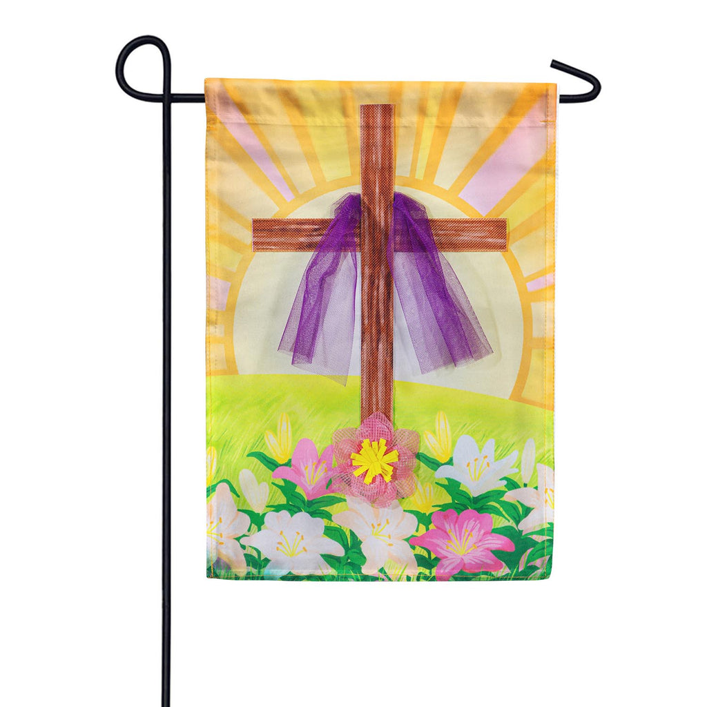 Evergreen Easter Cross With Lilies Applique Garden Flag