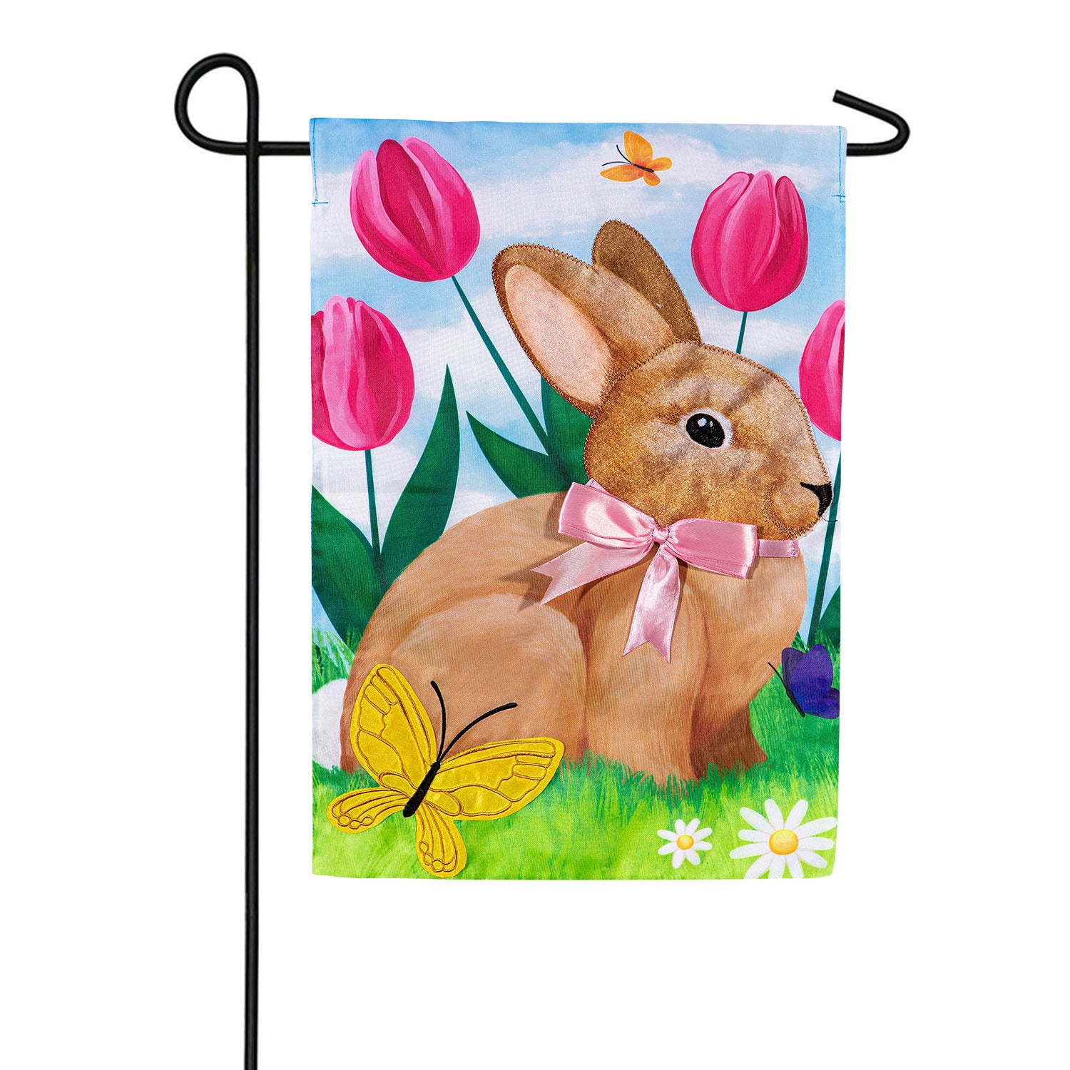 Evergreen Tulips and Bunny Friend Appliqued Garden Flag