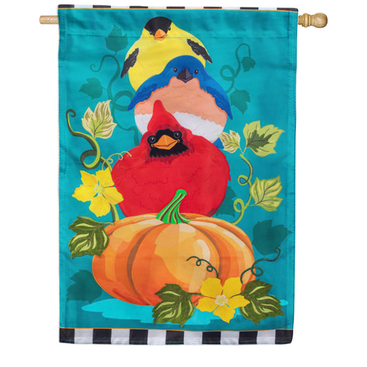 Evergreen Portly Pumpkin Birds Applique House Flag
