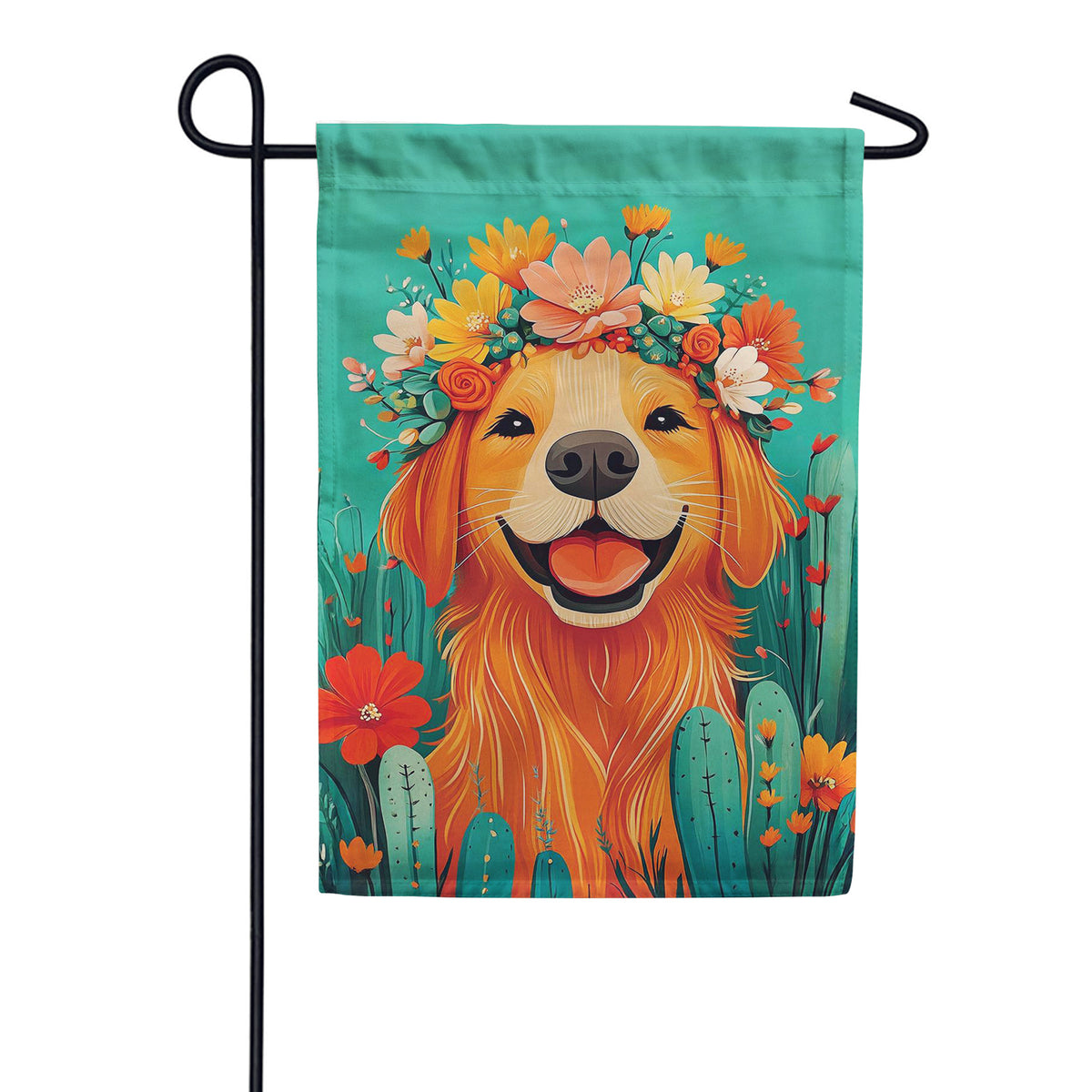 Evergreen Floral Crown Golden Retriever Applique Garden Flag