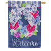 Evergreen Chinoiserie Bow Floral Wreath Welcome Applique House Flag