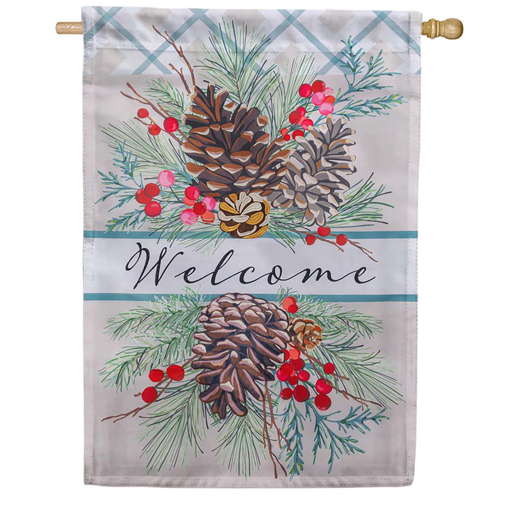 Evergreen Winter Pinecone Applique House Flag