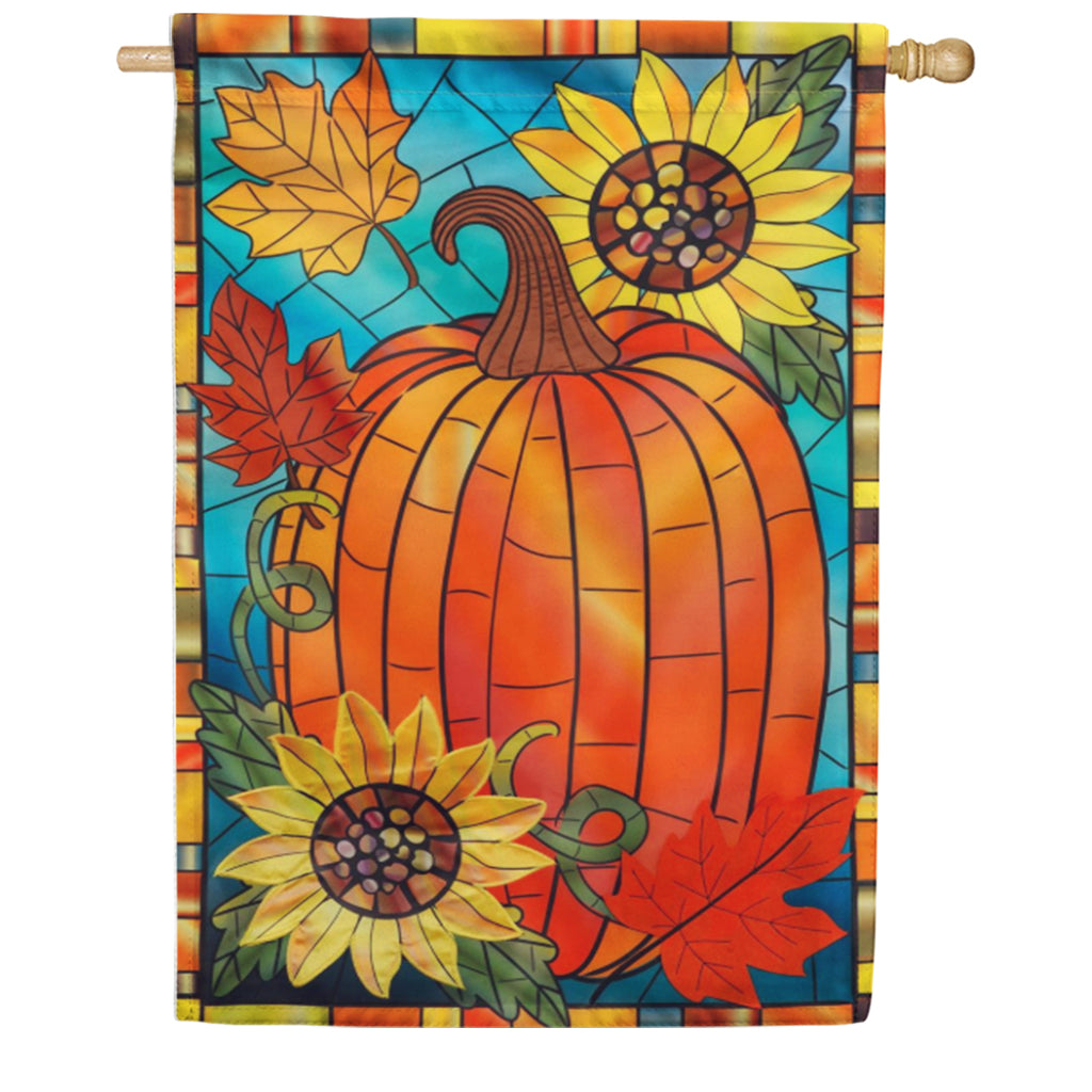 Evergreen Fall Pumpkin Stained Glass Applique House Flag