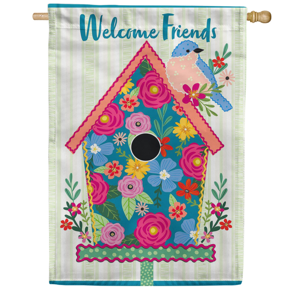 Evergreen Ric Rac Floral Birdhouse Welcome Friends Applique House Flag