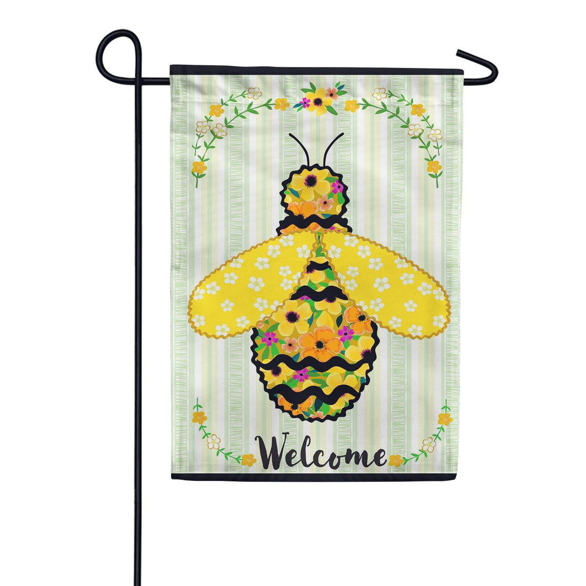 Evergreen Ric Rac Floral Bee Welcome Applique Garden Flag