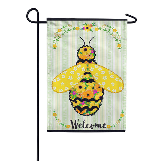 Evergreen Ric Rac Floral Bee Welcome Applique Garden Flag
