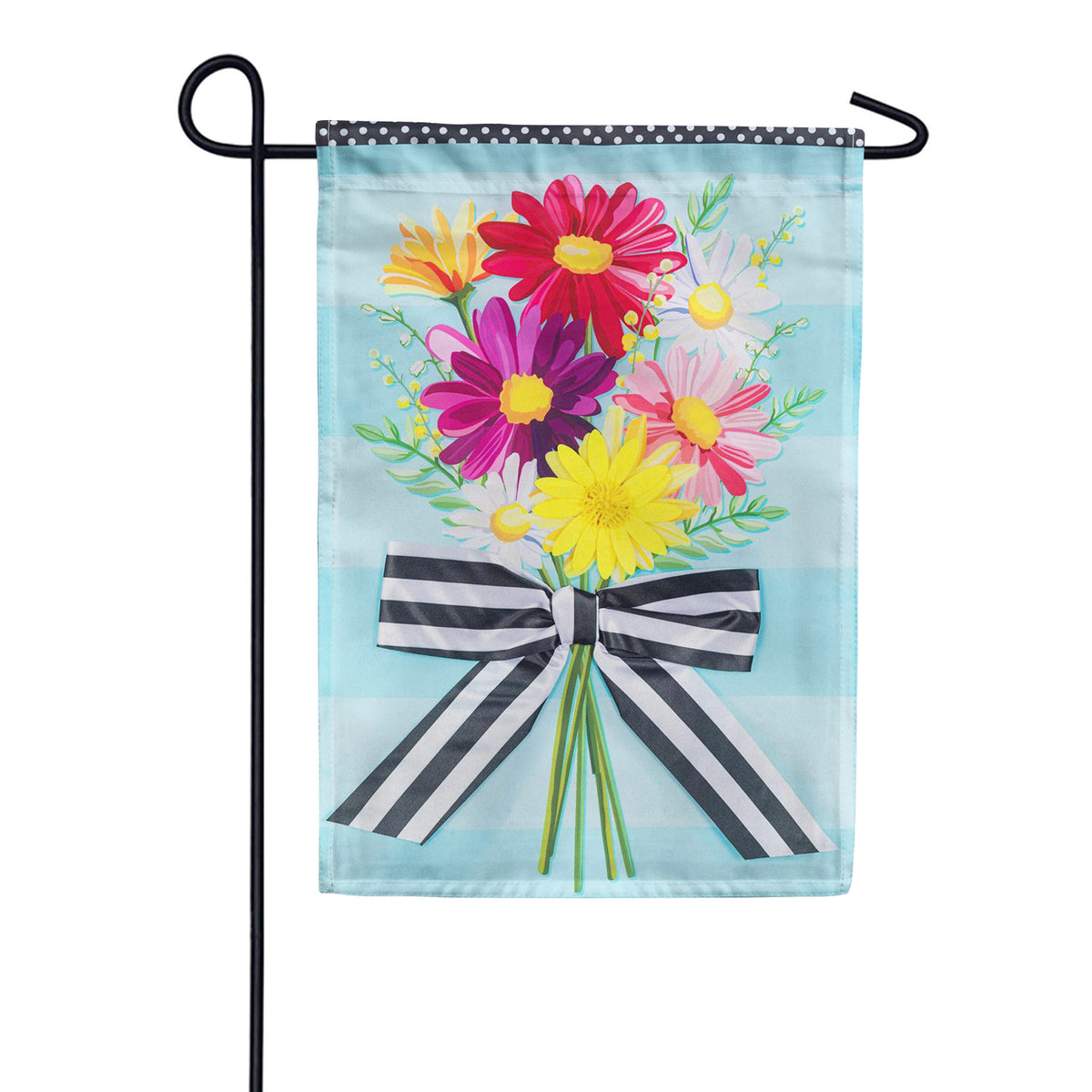 Evergreen Colorful Daisy Bouquet with Striped Bow Applique Garden Flag