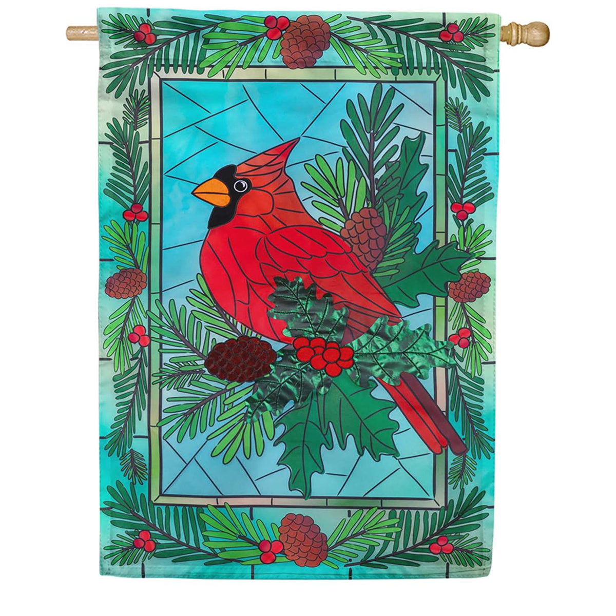 Evergreen Stained Glass Winter Cardinal Applique House Flag