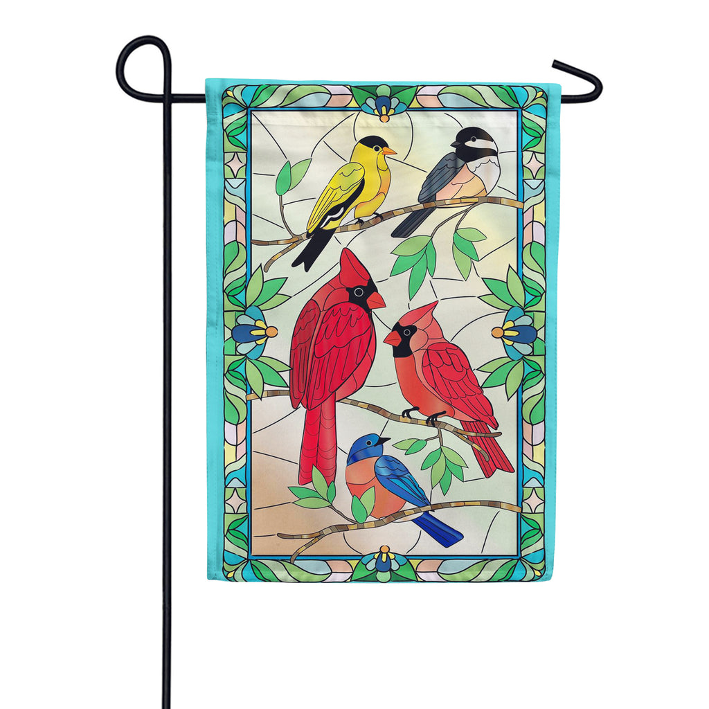 Evergreen Applique Garden Flag - Stained Glass Songbirds