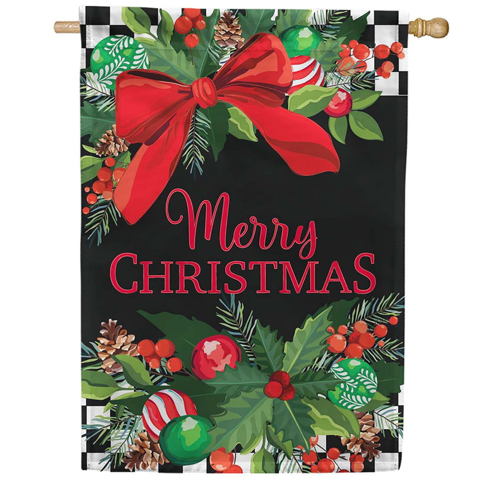 Evergreen Floral Checkered Merry Christmas Applique House Flag