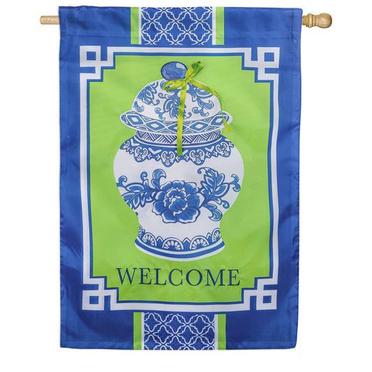 Evergreen Applique House Flag - Chinoiserie Welcome