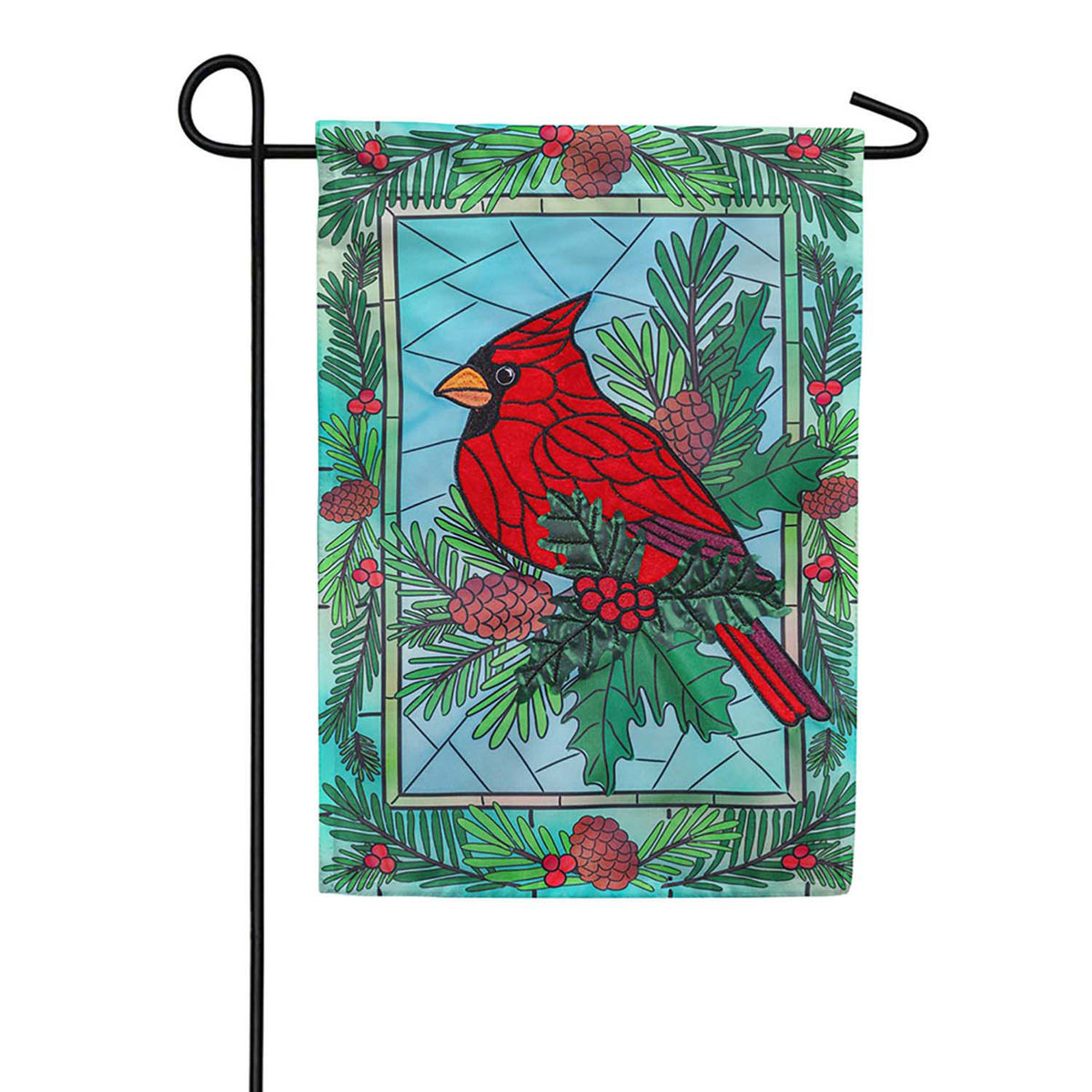 Evergreen Stained Glass Winter Cardinal Applique Garden Flag