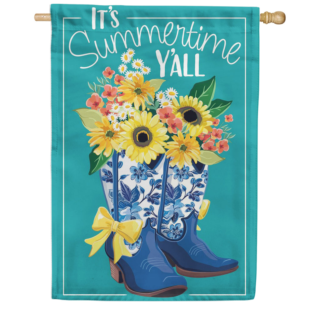 Evergreen Applique House Flag - Chinoiserie Cowboy Boots & Bows