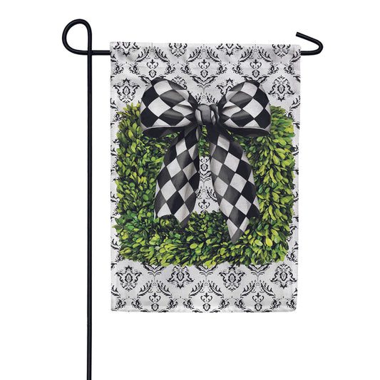 Evergreen Burlap Garden Flag - Black & White Bow Topiary