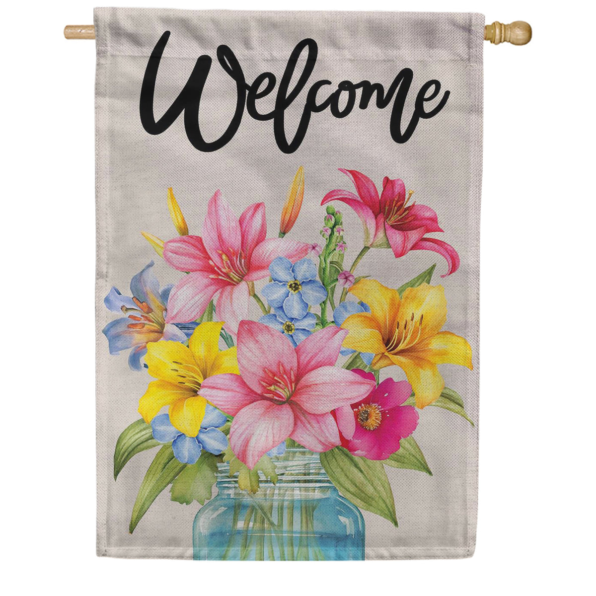 Evergreen Burlap House Flag - Floral Jar Welcome