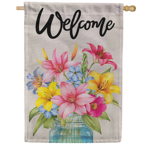 Evergreen Burlap House Flag - Floral Jar Welcome
