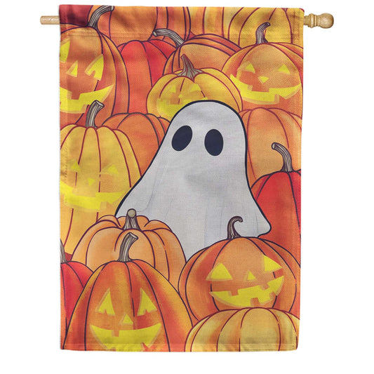 Evergreen Pumpkin Patch Ghost Burlap House Flag