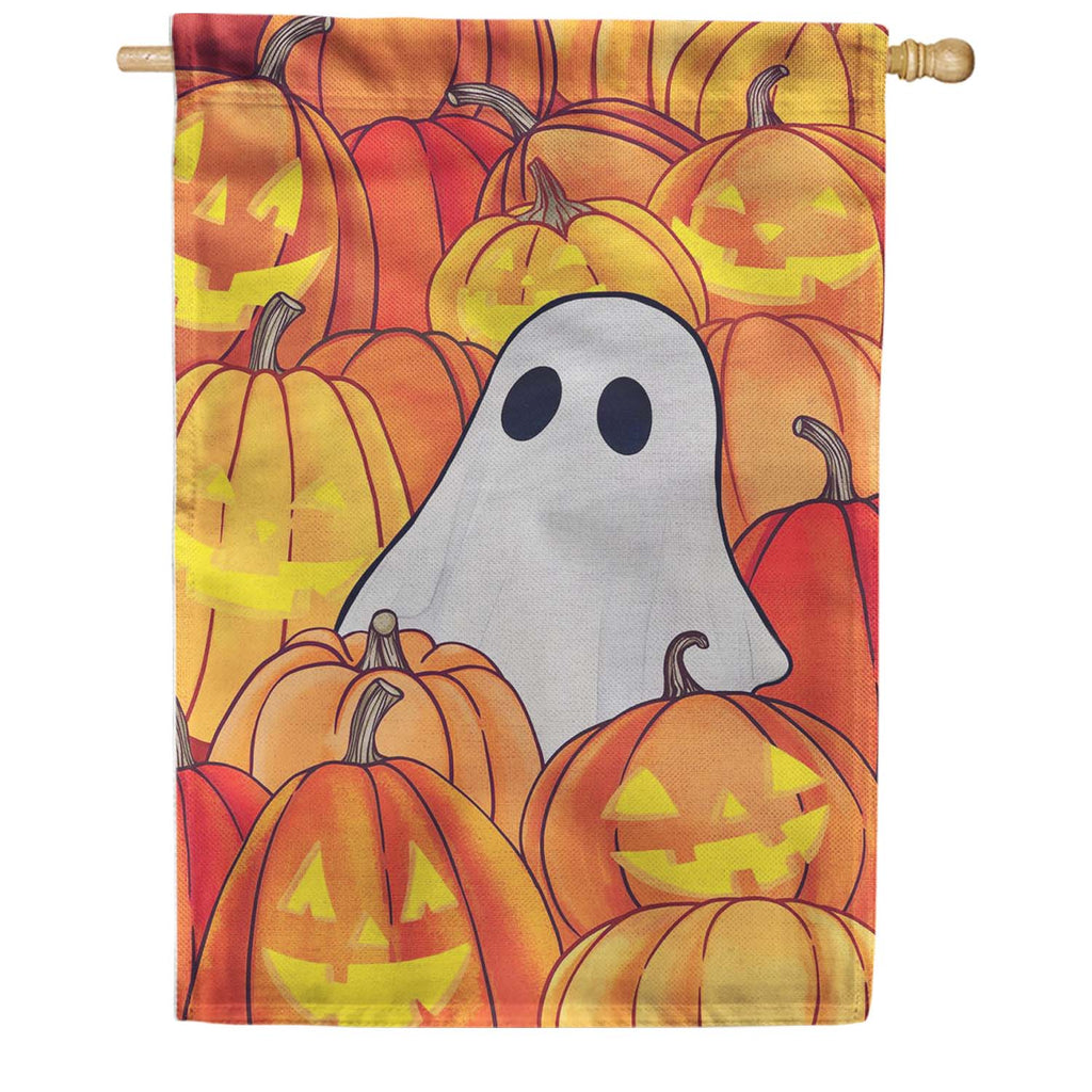 Evergreen Pumpkin Patch Ghost Burlap House Flag