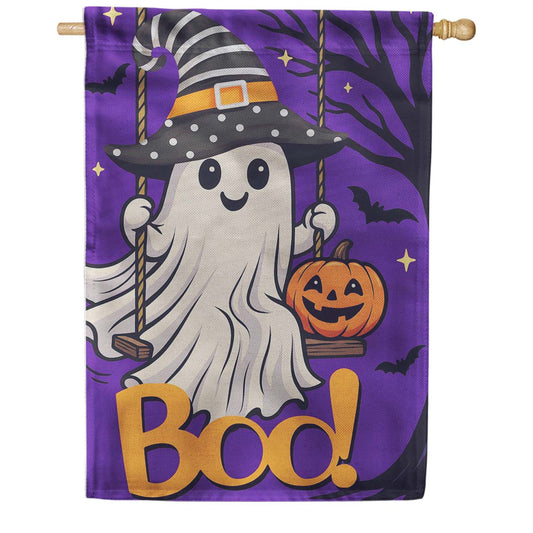 Evergreen Swinging Ghost Burlap House Flag