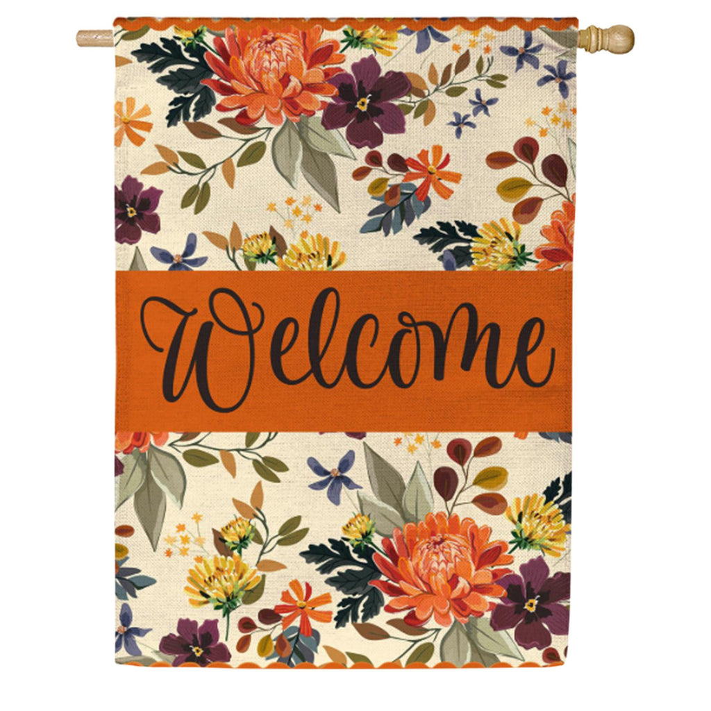 Evergreen Burlap House Flag - Fall Floral Welcome