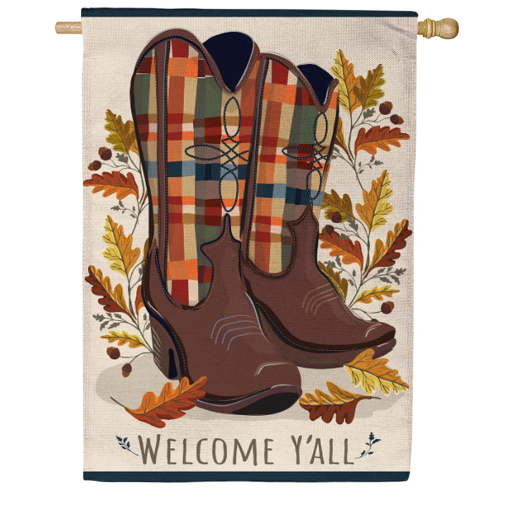 Evergreen Burlap House Flag - Fall Cowboy Boots