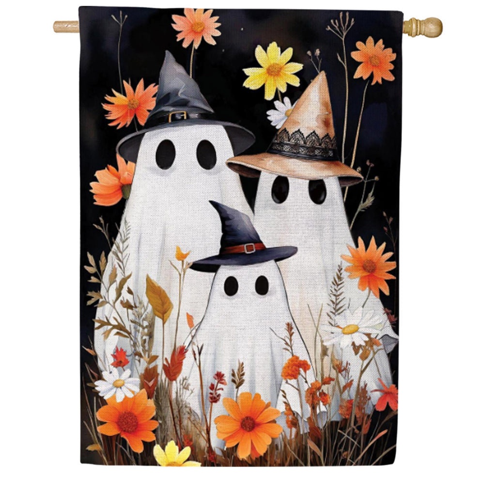 Evergreen Burlap House Flag - Halloween Ghost Family