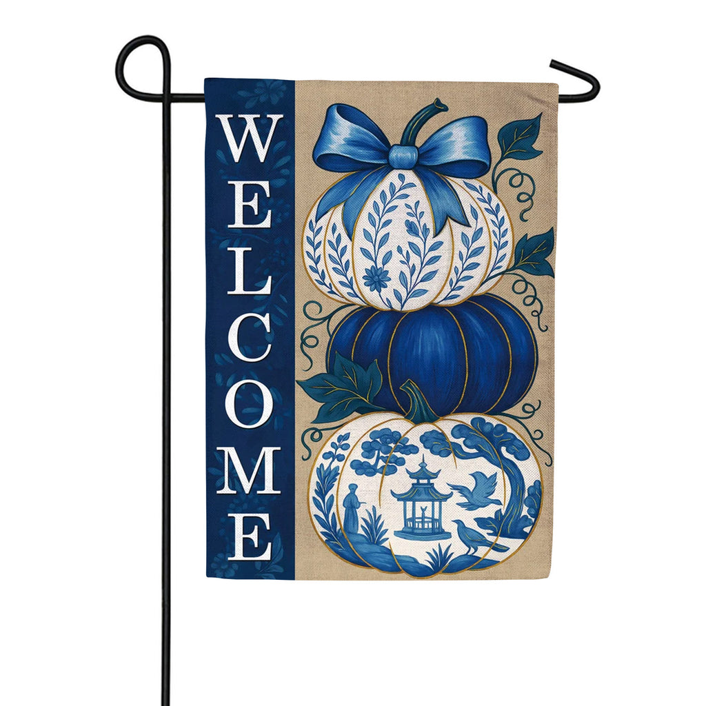 Evergreen Burlap Garden Flag - Chinoiserie Welcome Pumpkin