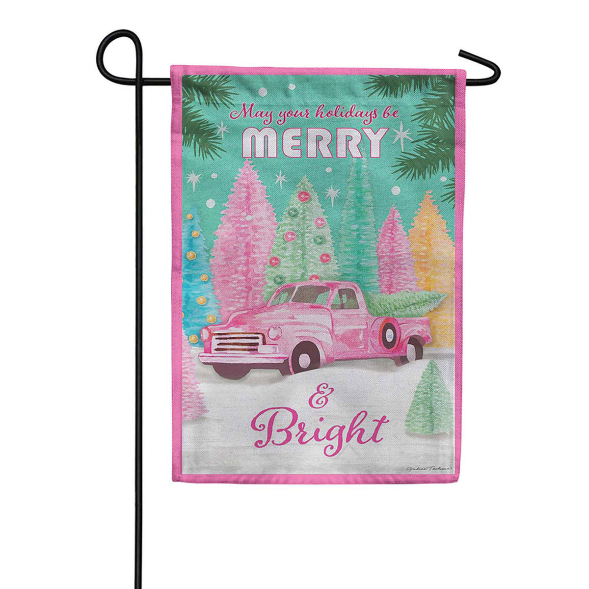 Evergreen Pink Merry & Bright Burlap Garden Flag